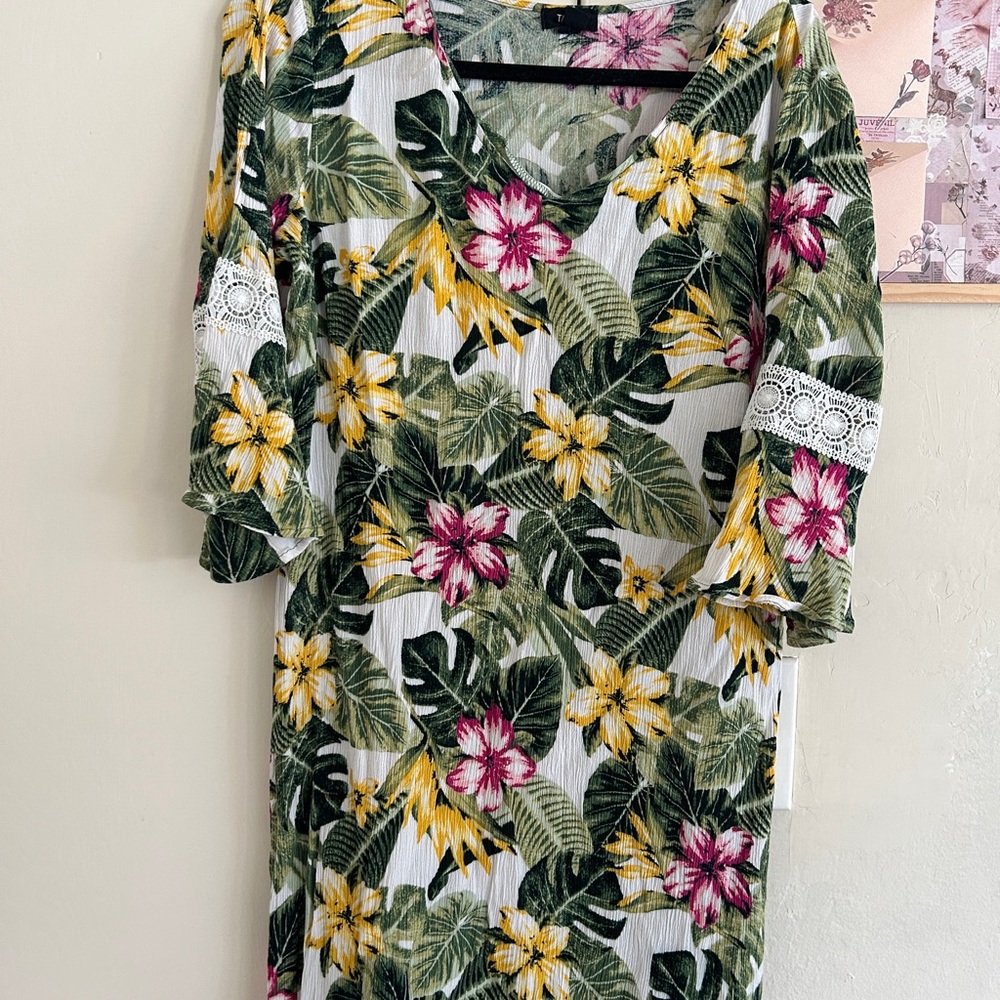 Floral Tropical Dress with Lace Accents